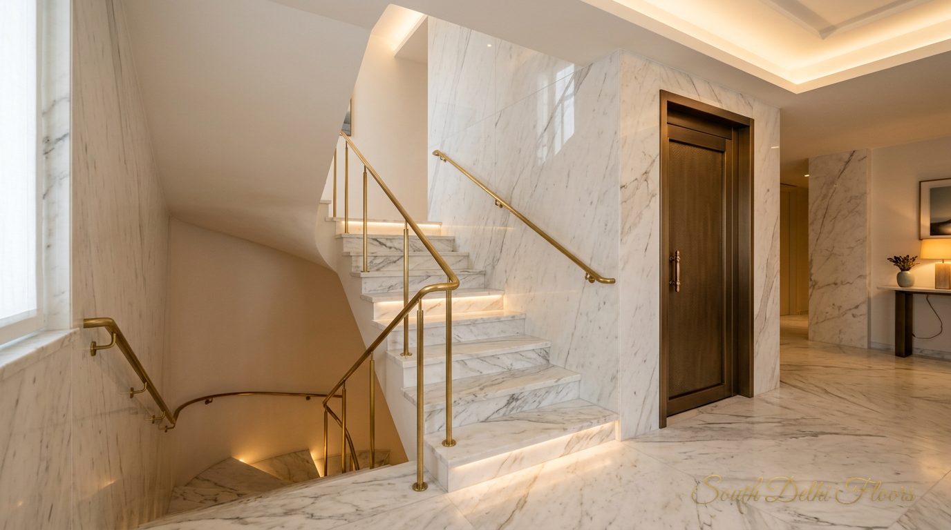 Internal Italian marble staircase with a brass rail beside the private lift in the triplex in Vasant Vihar