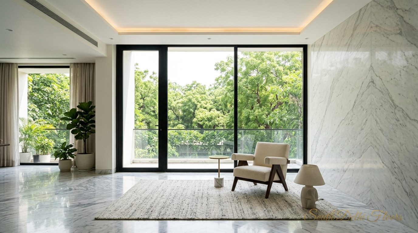 North-facing living room with an 11-ft ceiling and tall windows in the triplex in Vasant Vihar