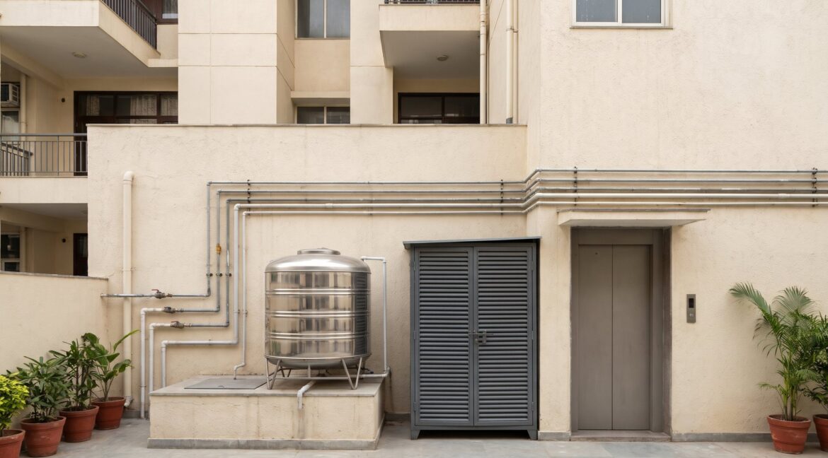 The service area of a South Delhi builder floor building showing water pipes, an overhead tank, a generator and the lift machine room