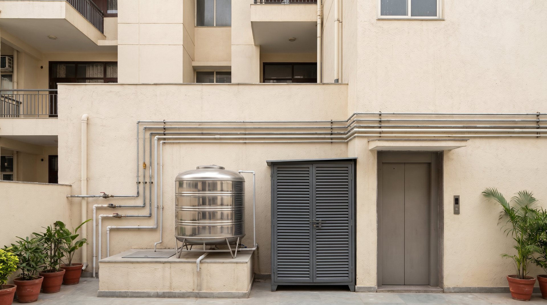 The service area of a South Delhi builder floor building showing water pipes, an overhead tank, a generator and the lift machine room