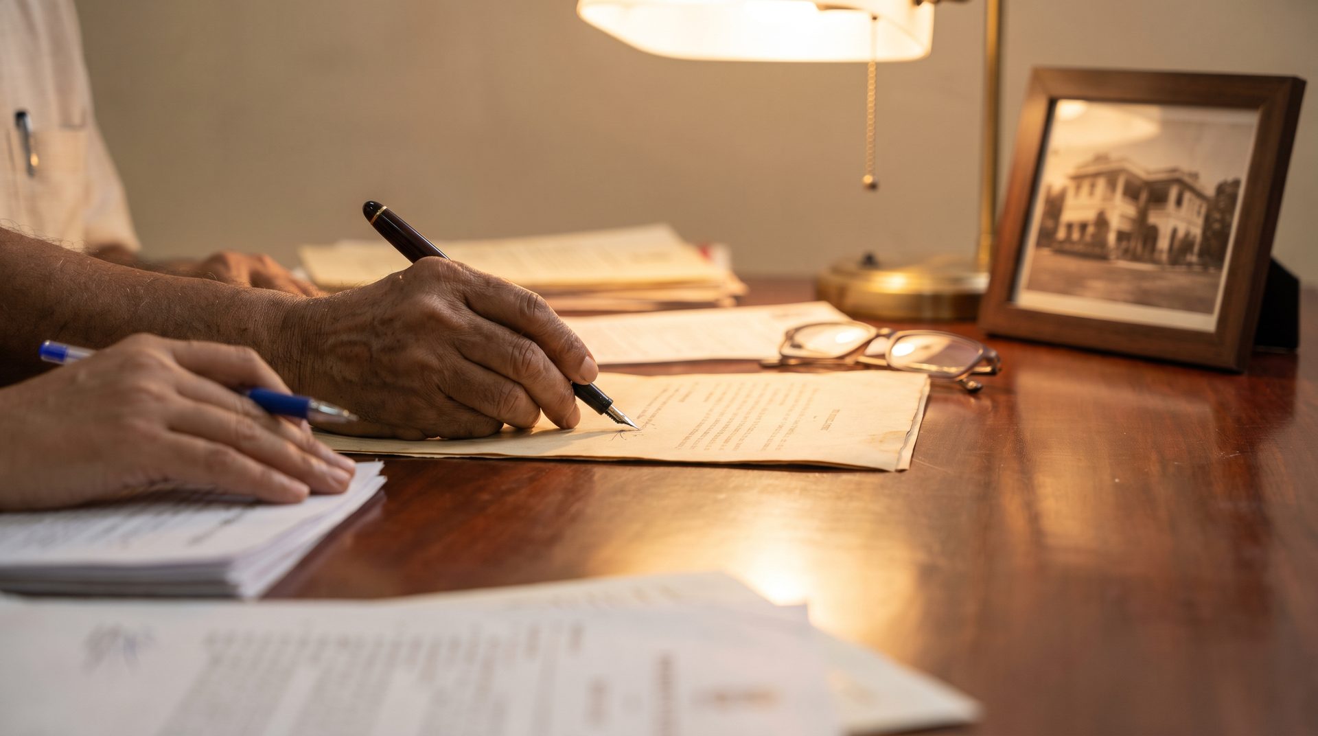 Will for property in Delhi &mdash; a signed will and fountain pen on a desk in a South Delhi builder floor, the stilt-parked facade glowing in evening light outside