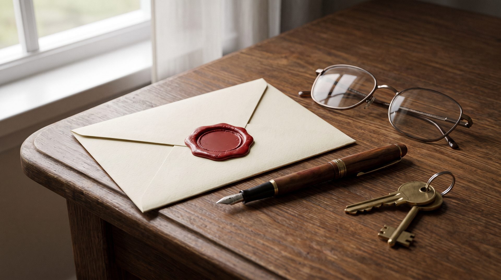A sealed will envelope for depositing a will for property in Delhi with the Registrar, beside a property title file and fountain pen