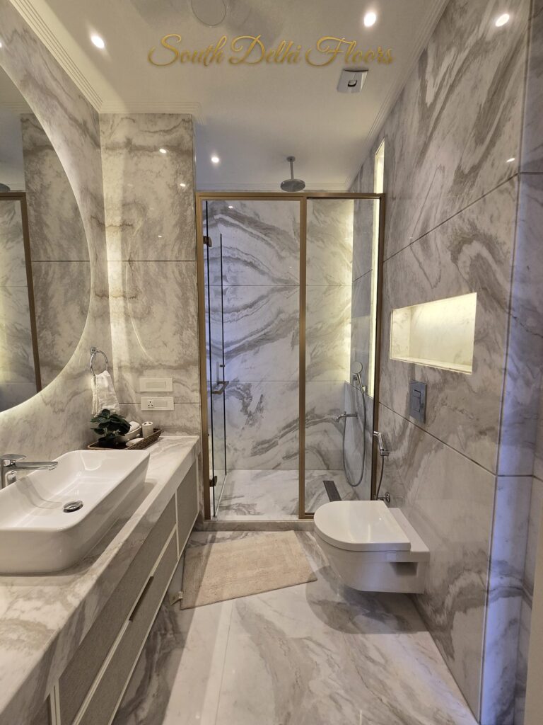 Bathroom glass shower WC, South Delhi builder floor by Windchimes, photographed by SouthDelhiFloors
