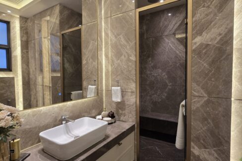 Windchimes Construction Bathroom Taupe Marble Vanity - Builder