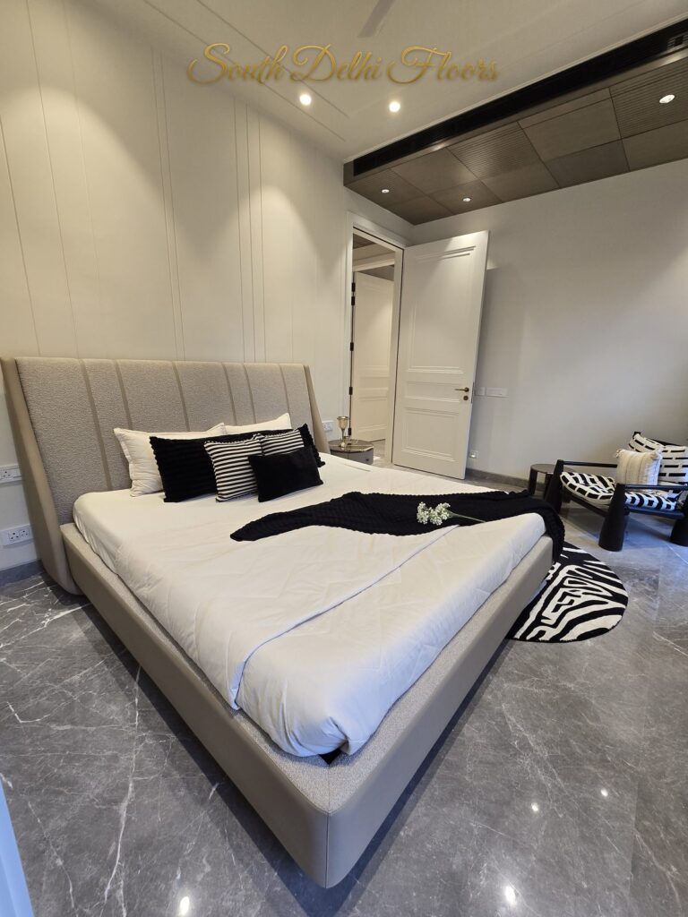 Bedroom grey headboard, South Delhi builder floor by Windchimes, photographed by SouthDelhiFloors