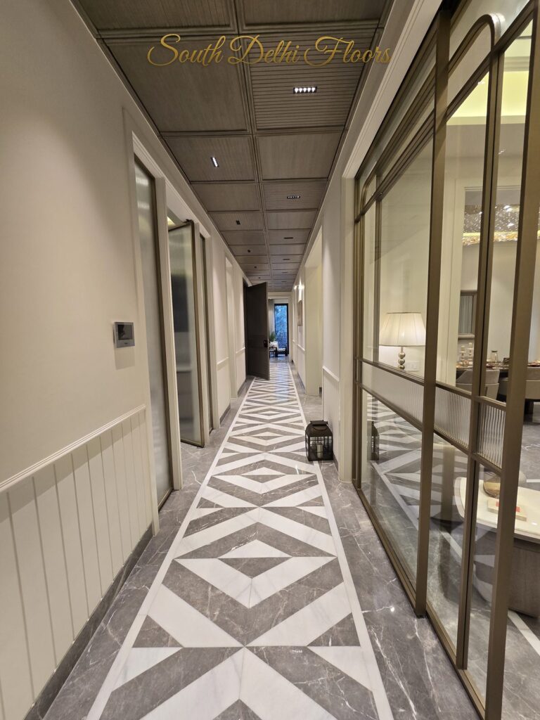 Corridor glass partition diamond floor, South Delhi builder floor by Windchimes, photographed by SouthDelhiFloors