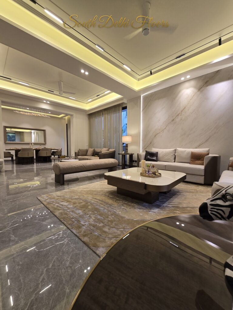 Drawing room wide angle at a Windchimes Construction builder floor in South Delhi