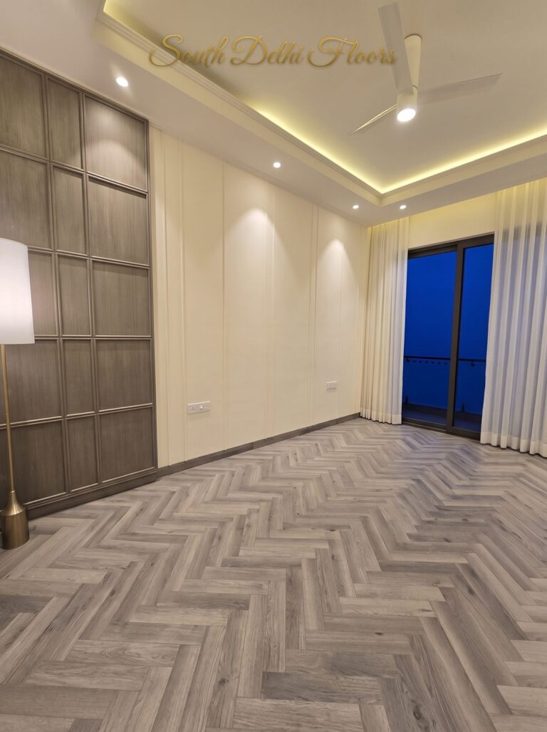 Guest bedroom herringbone floor at night, South Delhi builder floor by Windchimes, photographed by SouthDelhiFloors