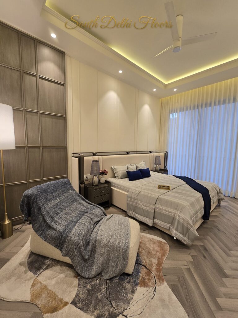 Guest bedroom herringbone floor, South Delhi builder floor by Windchimes, photographed by SouthDelhiFloors