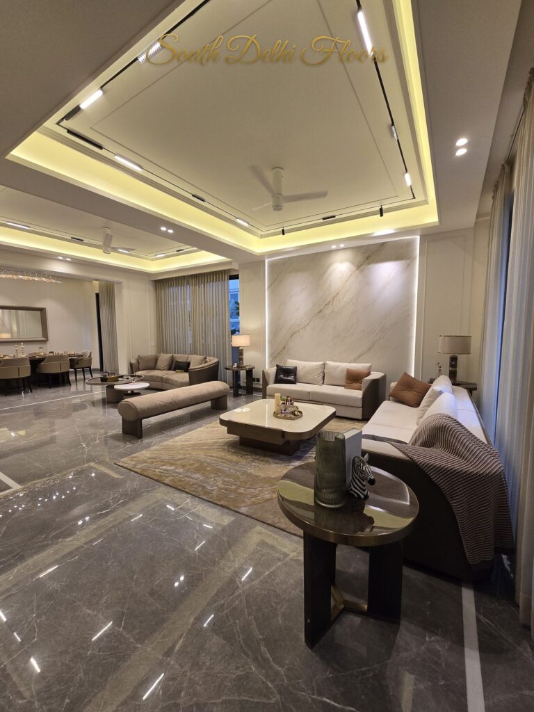 Living hall double seating at a Windchimes Construction builder floor in South Delhi