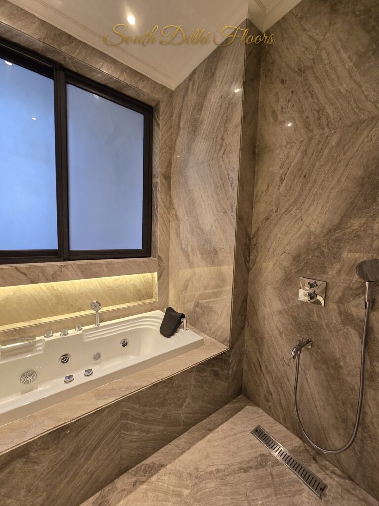 Master bathroom jacuzzi bathtub, South Delhi builder floor by Windchimes, photographed by SouthDelhiFloors
