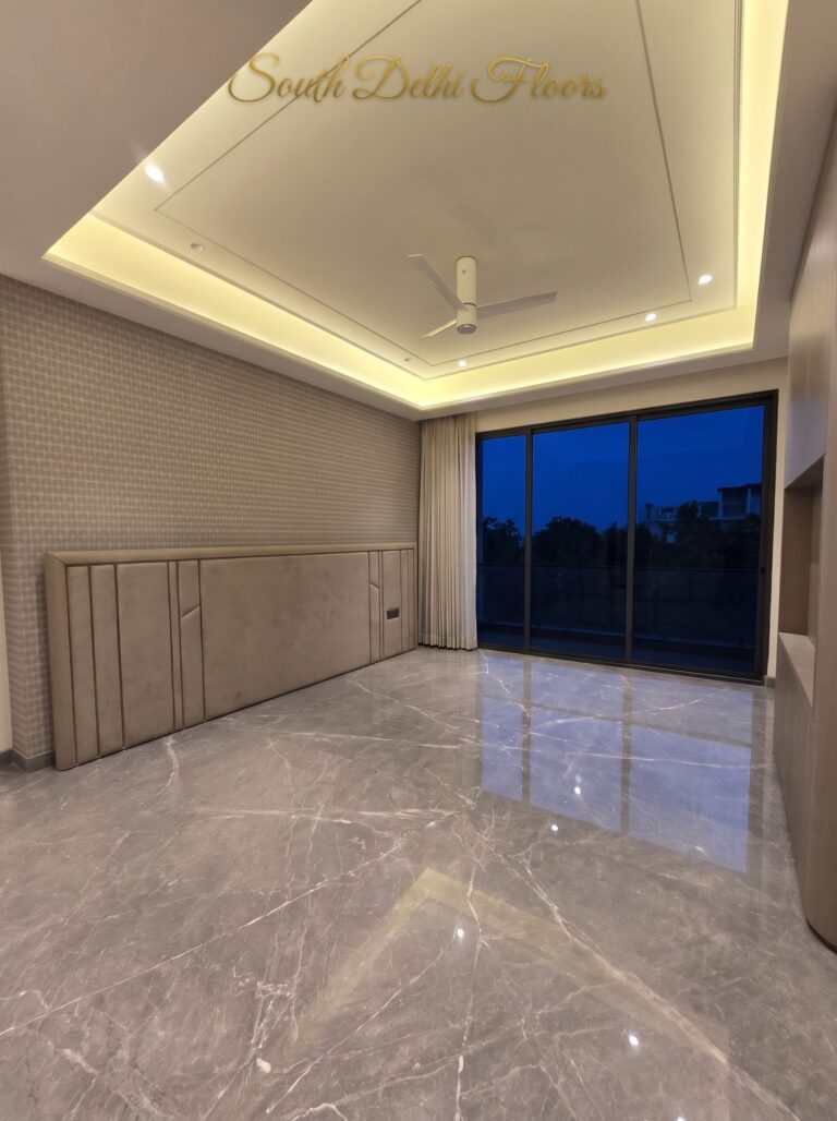 Master bedroom headboard wall at night, South Delhi builder floor by Windchimes, photographed by SouthDelhiFloors