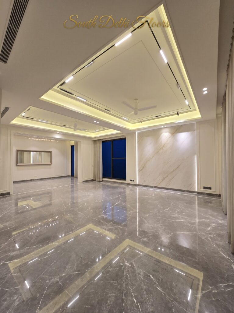 Grand living room at night at a Windchimes Construction builder floor in South Delhi