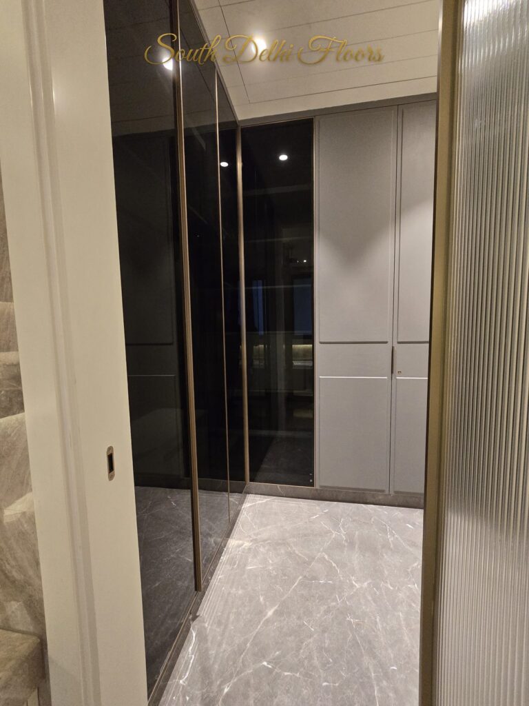 Walk in wardrobe tinted glass, South Delhi builder floor by Windchimes, photographed by SouthDelhiFloors