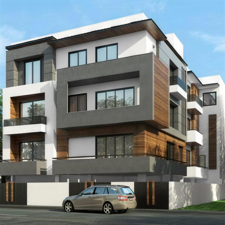 Elevation render of the Windchimes Construction building at B-8/12 Vasant Vihar, New Delhi: white and grey facade with timber-clad bands and glass balustrades