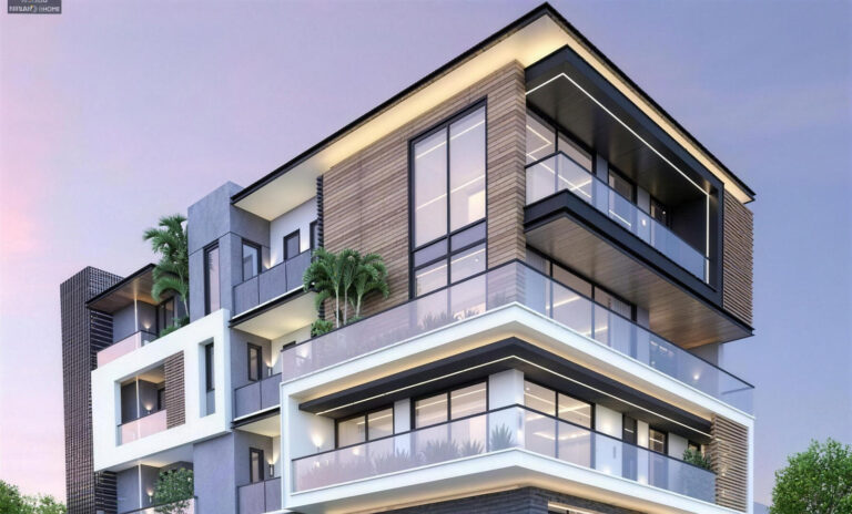 Elevation render of the Windchimes Construction building at E-14/5, South Delhi: contemporary white facade with timber accents, glass balconies and a lit top-floor terrace